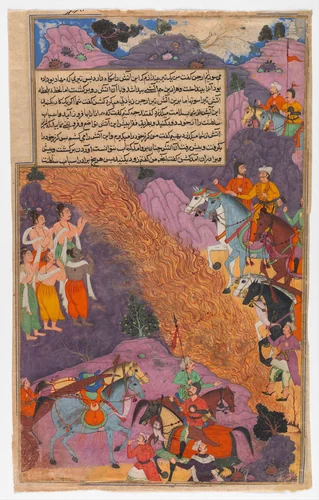 "Asvatthama Fires the Narayana Weapon (Cosmic Fire) at the Pandavas", Folio from a Razmnama by Abd al-Rahim ibn Muhammad Bairam Khan Khan-i Khanan, manuscript, 1591-1642