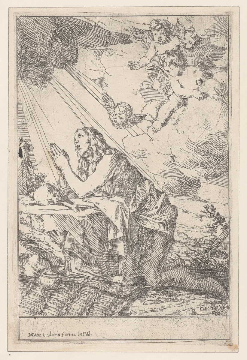 The Penitent Saint Mary Magdalene, kneeling before a skull and bones by Giulio Carpioni, print, 1640-1660