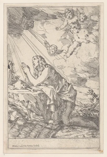 The Penitent Saint Mary Magdalene, kneeling before a skull and bones by Giulio Carpioni, print, 1640-1660