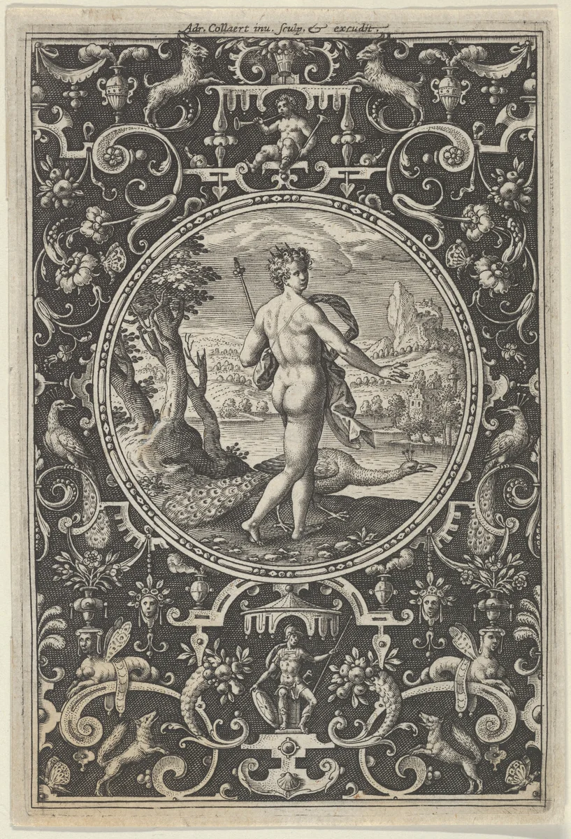 Juno in a Decorative Frame with Grotesques, from the Judgment of Paris by Adriaen Collaert, print, 1575-1605