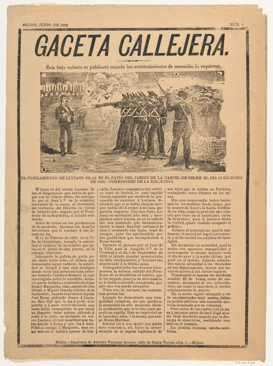 Page from the 'Gaceta Callejera' relating to the execution by firing squad of Luciano Islas in the patio on the prison at Belen by José Guadalupe Posada, print, 1892