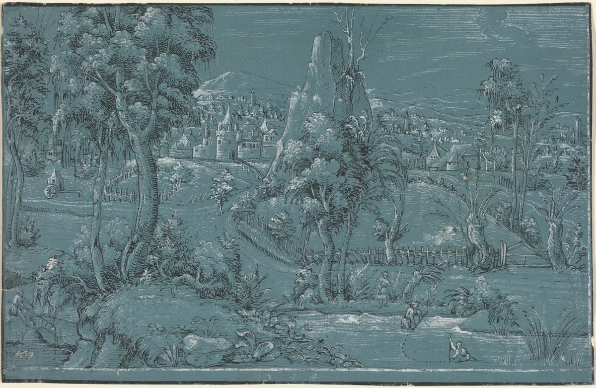 Landscape with Men Fishing by German 16th Century, drawing, 1544