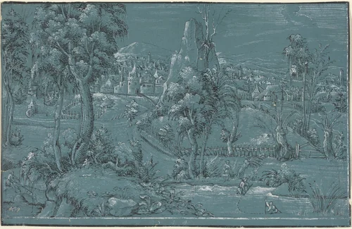 Landscape with Men Fishing by German 16th Century, drawing, 1544
