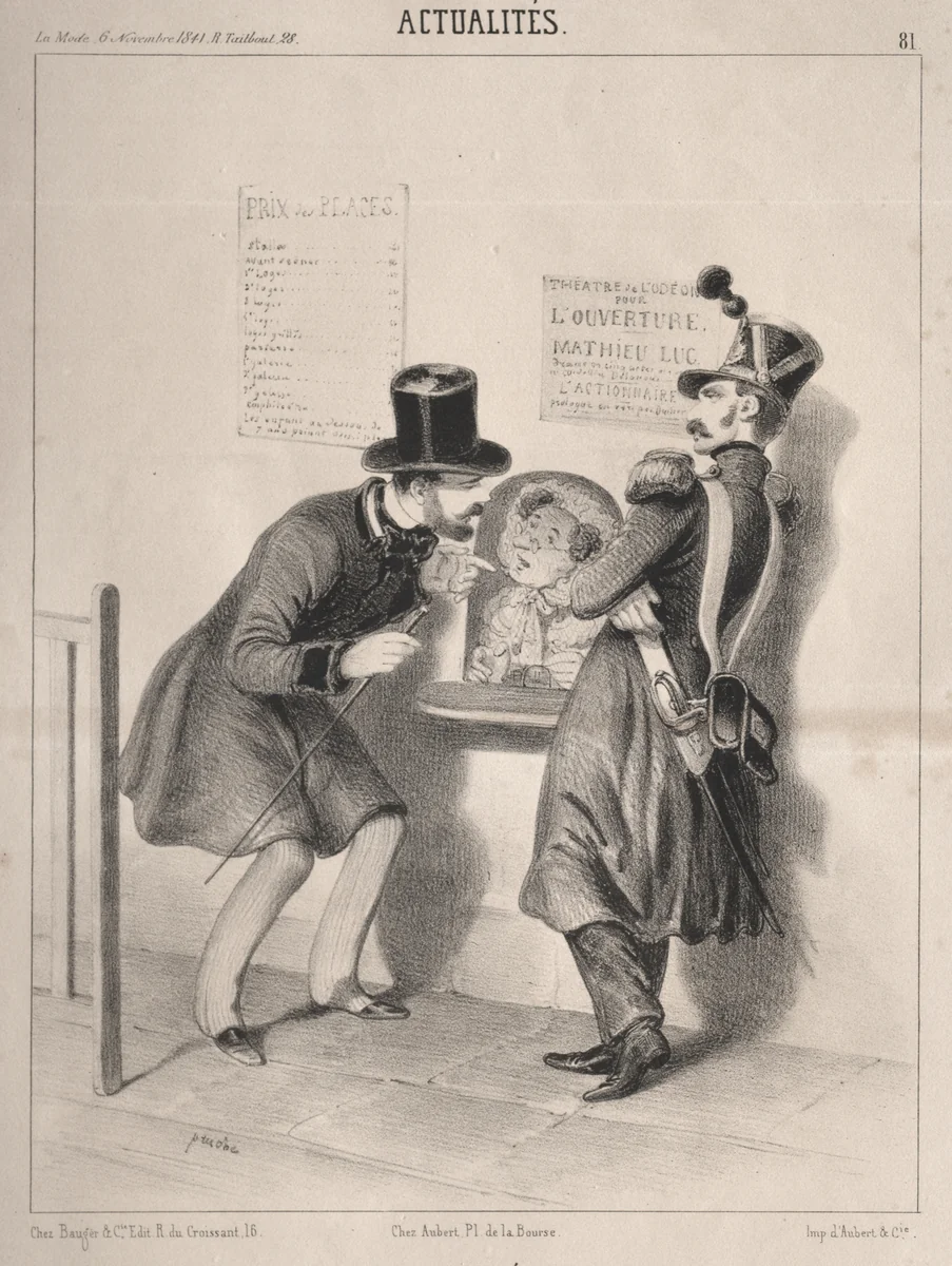 Actualités: L'Ouverture du second théatre français. Mr. tout est plein vous ne trouveriez pas même un place au paradis! si vous voulez revenir dans un quinzaine, peut-être que nous en aurons! by Clémente Pruche, print, 1839-1841