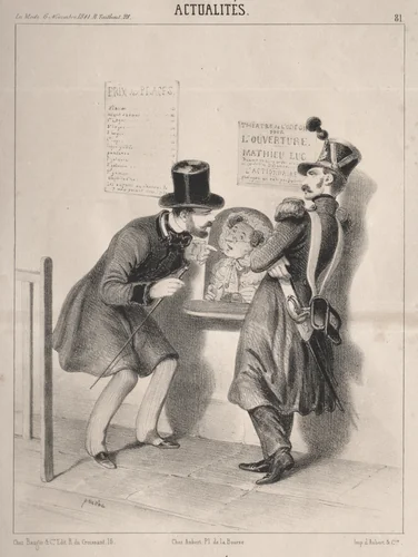 Actualités: L'Ouverture du second théatre français. Mr. tout est plein vous ne trouveriez pas même un place au paradis! si vous voulez revenir dans un quinzaine, peut-être que nous en aurons! by Clémente Pruche, print, 1839-1841