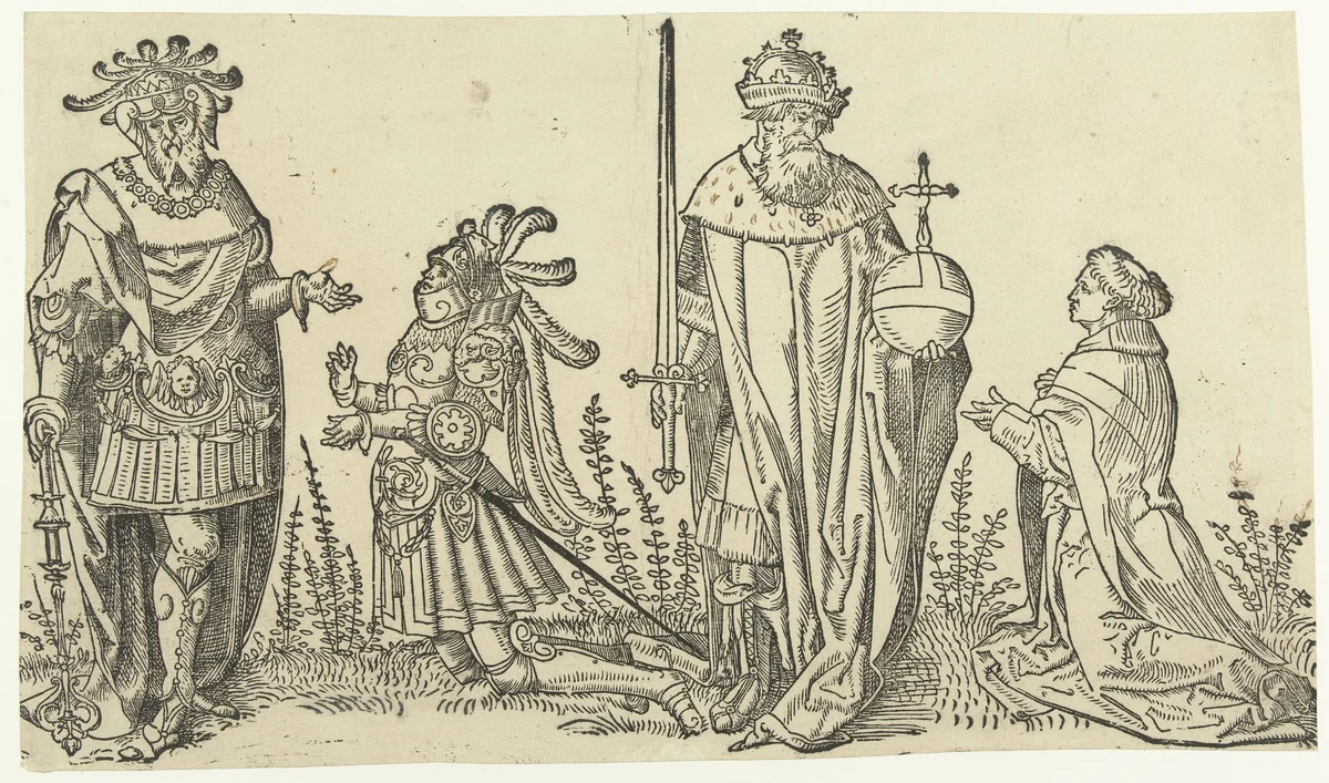 Koning Arthur met ridder en Keizer Karel de Grote met priester by anonymous, print, 1500-1549