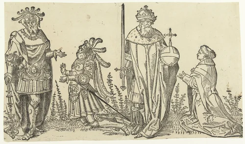 Koning Arthur met ridder en Keizer Karel de Grote met priester by anonymous, print, 1500-1549