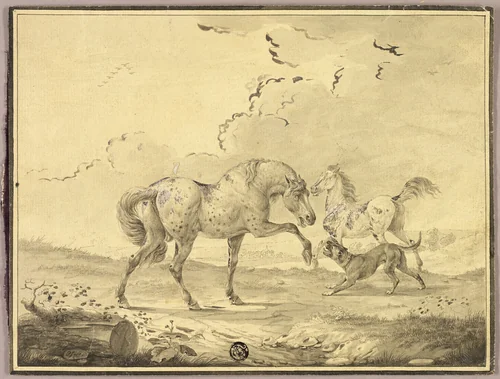 Two Horses Fighting Dog by Johann Georg Pforr, drawing, 1765-1798