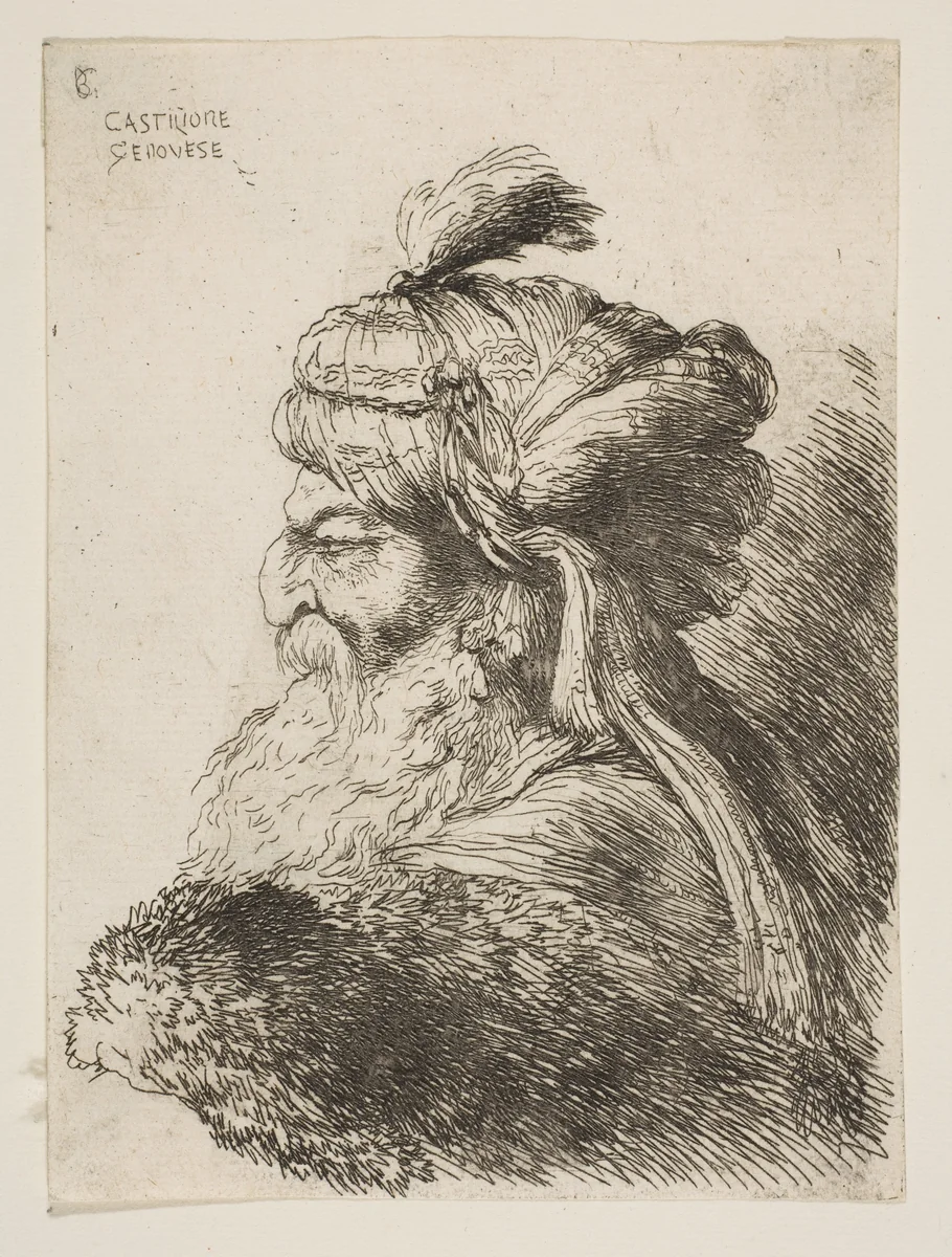 Head of an old man with a turban facing left, from "Small Heads in Oriental Headdress" by Giovanni Benedetto Castiglione, print, 1640-1655