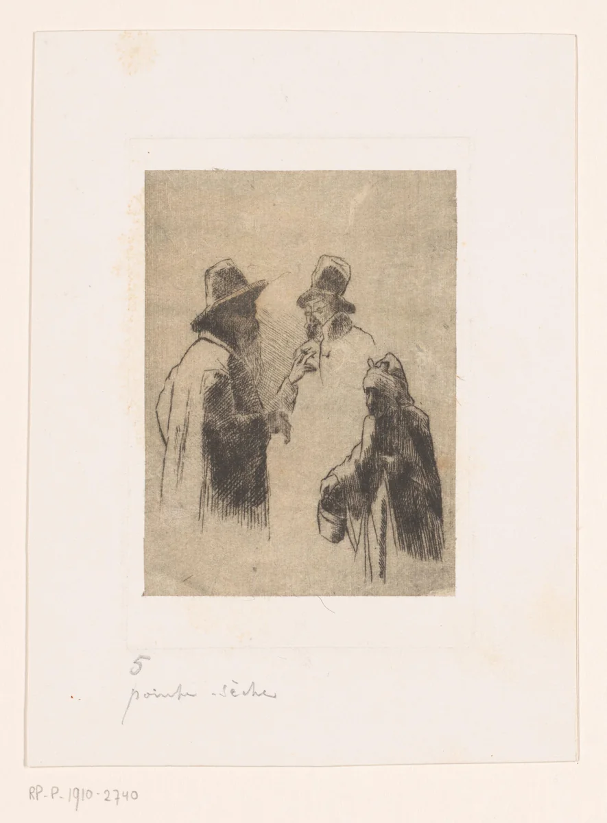 Twee mannen met hoeden en een figuur met een lange mantel by Carel Nicolaas Storm van 's-Gravesande, print, 1851-1910