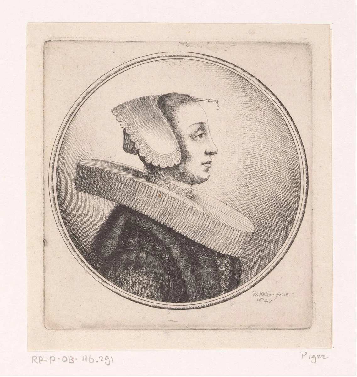 Vrouw met plooikraag, hoofdkapje en haarpin by Wenceslaus Hollar, print, 1645