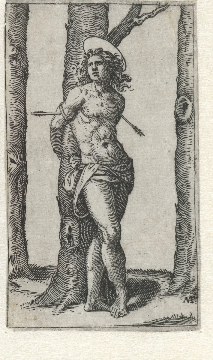 Heilige Sebastiaan vastgebonden aan boom met pijlen in lichaam by Marcantonio Raimondi, print, 1500-1527