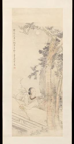 Woman lost in thought beneath a wutong tree by Sha Fu, painting, 1867-1906