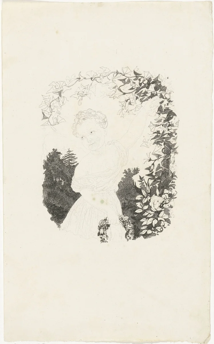 Meisje met bloemenkrans onder een bloemenboog by Henricus Wilhelmus Couwenberg, print, 1830-1845