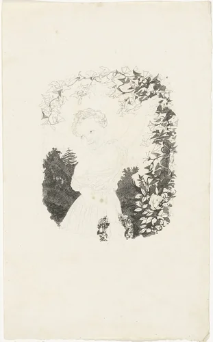 Meisje met bloemenkrans onder een bloemenboog by Henricus Wilhelmus Couwenberg, print, 1830-1845