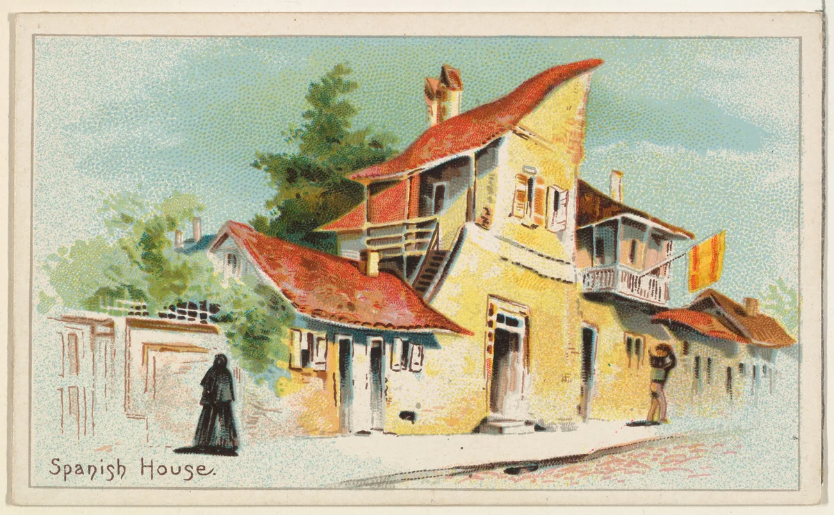 Spanish House, from the Habitations of Man series (N113) issued by W. Duke, Sons & Co. to promote Honest Long Cut Smoking and Chewing Tobacco by The Giles Company, print, 1890