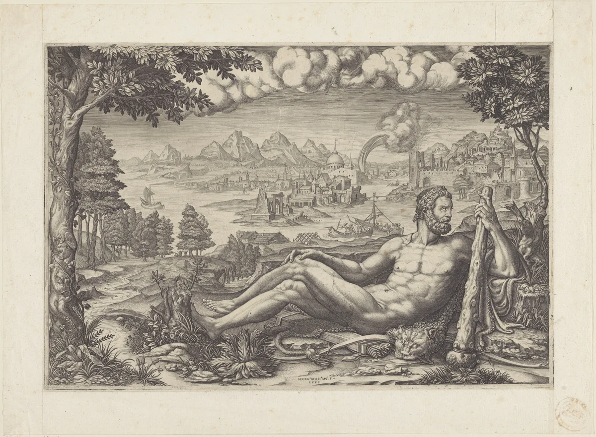 Hercules uitrustend na zijn werken by Unknown, print, 1567