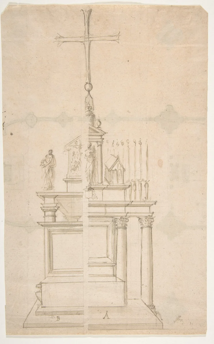 Elevation of a Main Altar with an Alternate Design by anonymous, drawing, 1500-1599