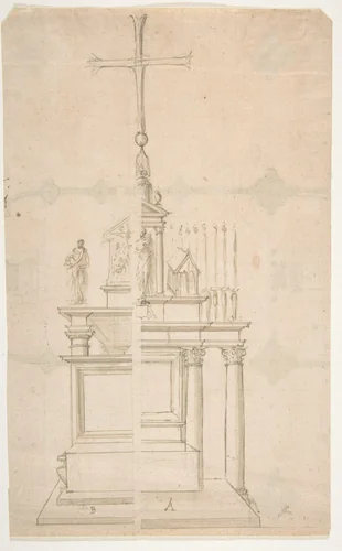 Elevation of a Main Altar with an Alternate Design by anonymous, drawing, 1500-1599