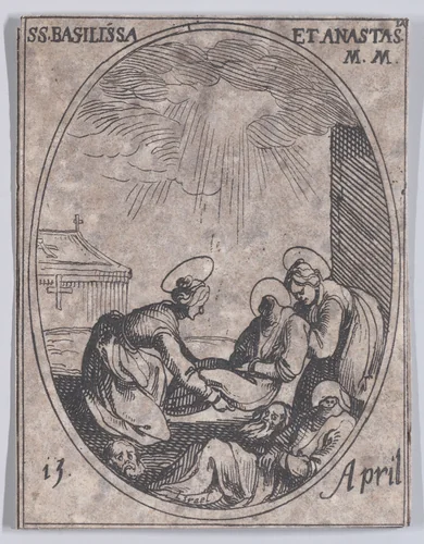 Ste. Basilisse et Ste. Anastasie (St. Basilissa and St. Anastasia), April 15th, from "Les Images De Tous Les Saincts et Saintes de L'Année" (Images of All of the Saints and Religious Events of the Year) by Jacques Callot, print, 1636
