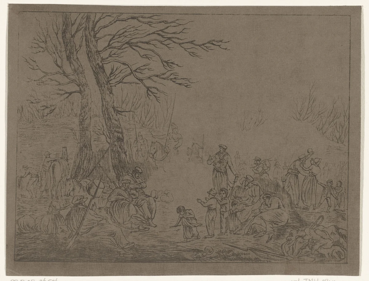 Bivak van Kozakken en burgers bij vuur tijdens Franse bezetting in 1813 te Amsterdam by Pieter Bartholomeusz. Barbiers, print, 1813