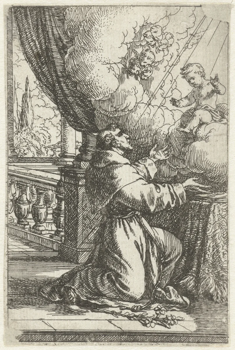 Heilige Antonius van Padua en zijn visioen van het Christuskind by Jonas Umbach, print, 1634-1693