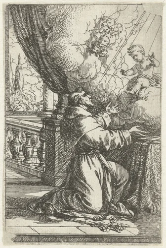 Heilige Antonius van Padua en zijn visioen van het Christuskind by Jonas Umbach, print, 1634-1693