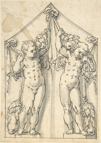 Panel of Shutter Decoration of Two Putti with Garlands by anonymous, drawing, 1600-1700