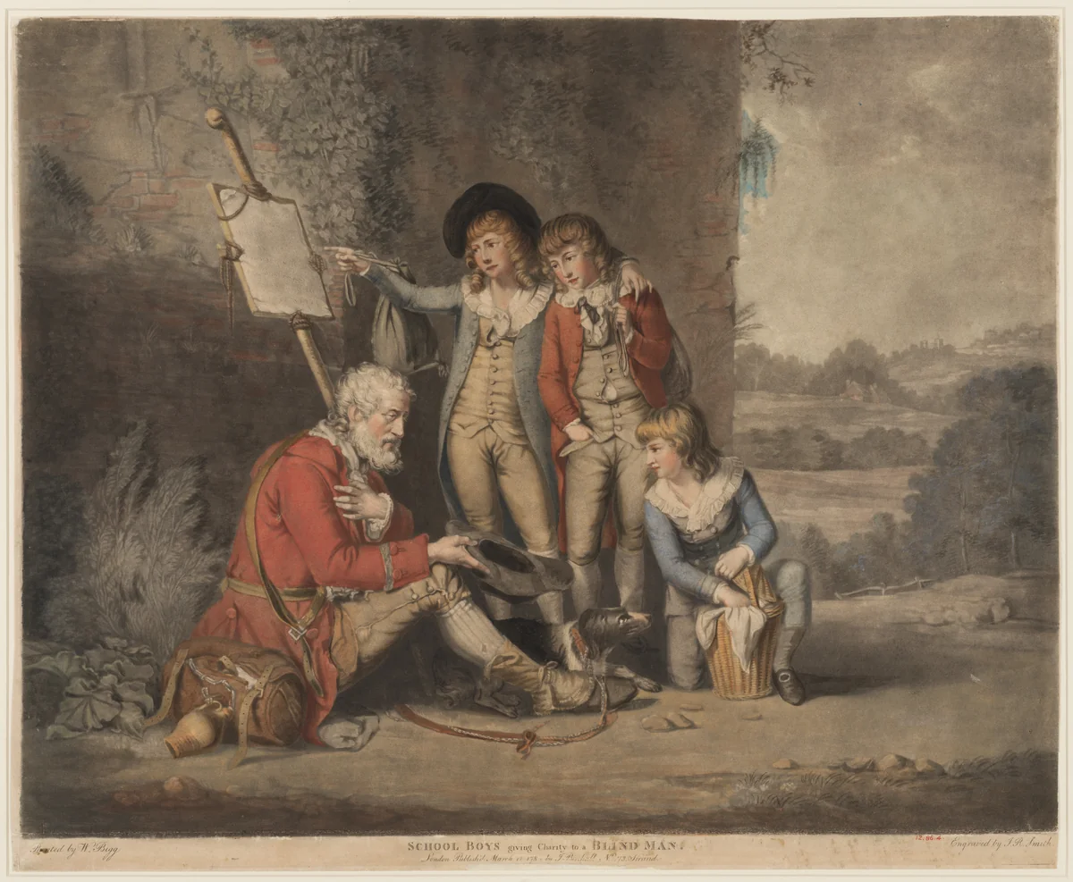 Schoolboys Giving Charity to a Blind Man by John Raphael Smith, print, 1781