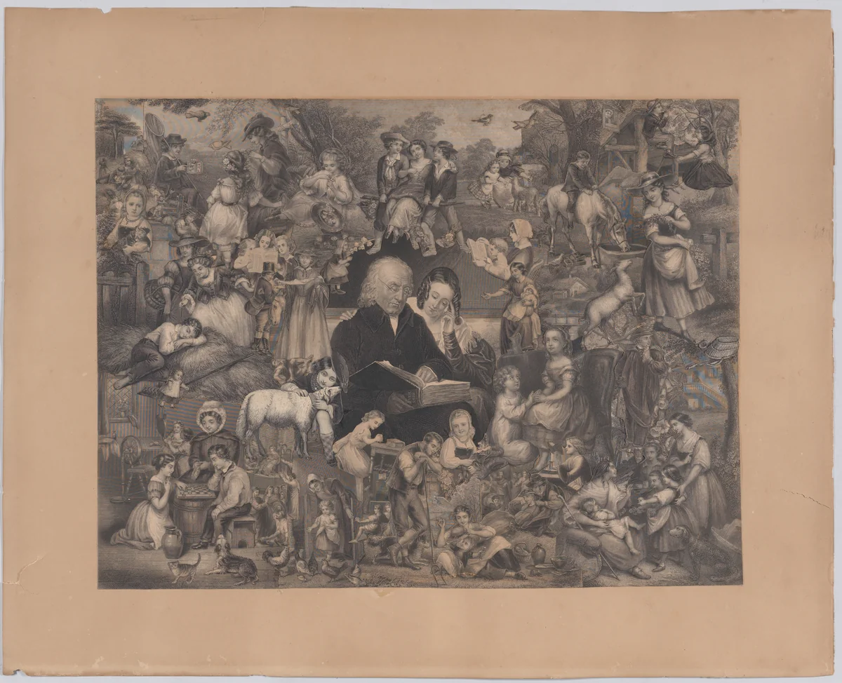 Collage of printed elements centered on a Man and Young Woman Reading the Bible, surrounded by scenes from rural life by Illman Brothers, other, 1851-1866