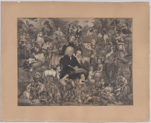 Collage of printed elements centered on a Man and Young Woman Reading the Bible, surrounded by scenes from rural life by Illman Brothers, other, 1851-1866