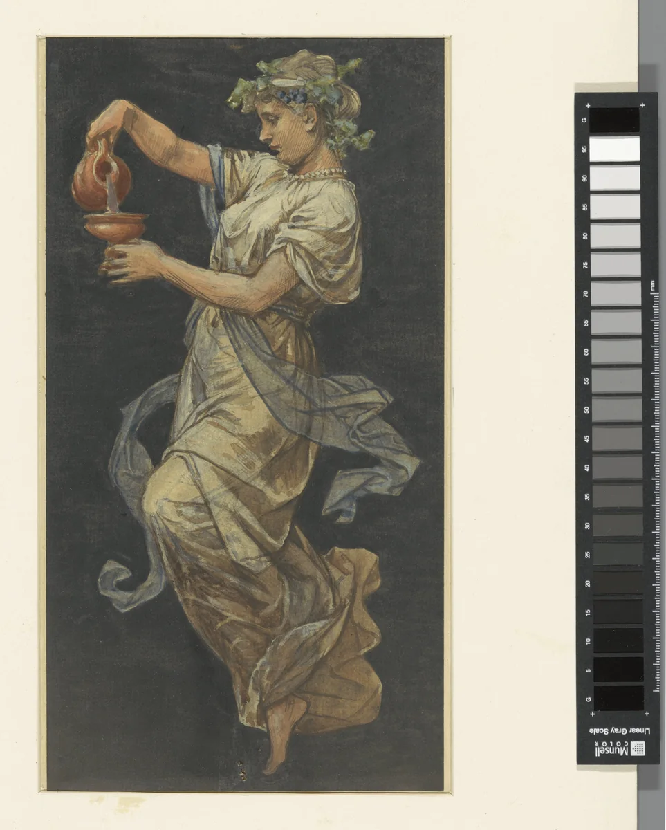 Zwevende vrouwenfiguur een beker inschenkend by Georg Sturm, drawing, 1865-1923