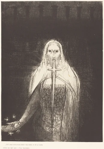 Et il avait dans sa main droit sept etoiles, et de sa bouch sortait une epee aigue a deux tranchants (And he had in his right hand seven stars; and out of his mouth went a sharp two-edged sword) by Odilon Redon, print, 1899