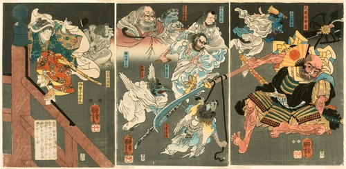 The Young Yoshitsune defeats Benkei at Gojo Bridge by Utagawa Kuniyoshi (歌川國芳), print, 1843-1853
