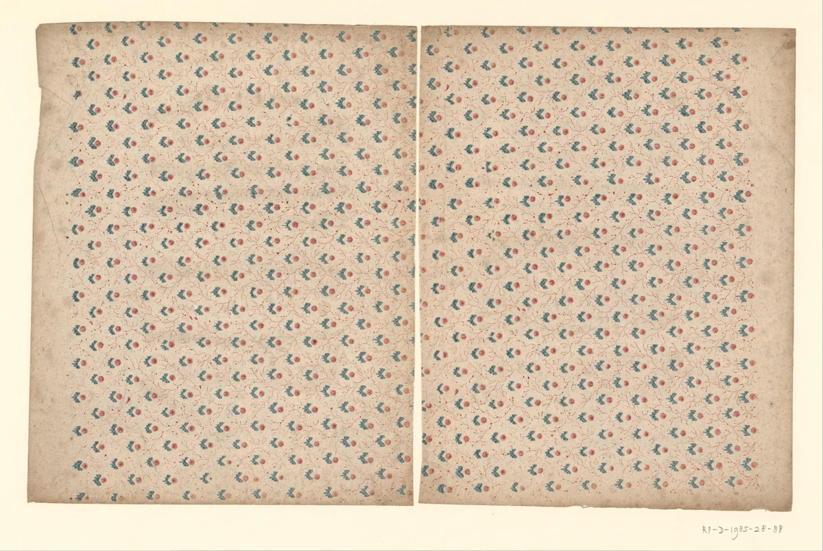Twee bladen met strooipatroon van bloemmotief tussen stippellijnen by anonymous, other, 1750-1900