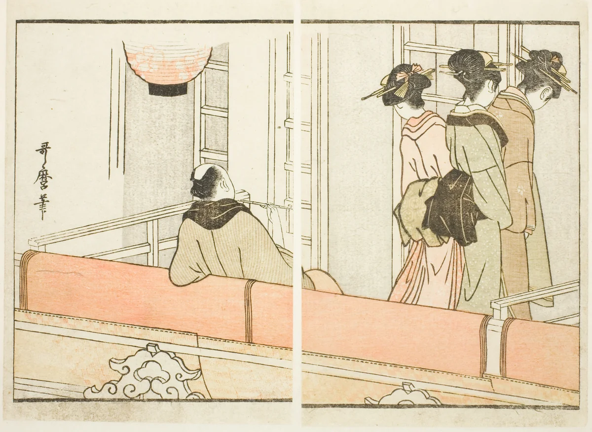 A Box at the Kabuki Theater, from the illustrated book "Guide to the Actors' Dressing Rooms (Yakusha gakuya tsu)" by Kitagawa Utamaro (喜多川歌麿), print, 1799