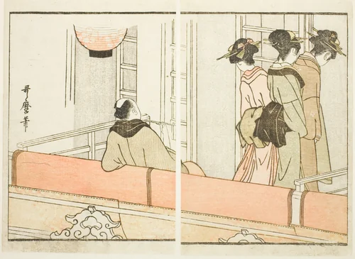A Box at the Kabuki Theater, from the illustrated book "Guide to the Actors' Dressing Rooms (Yakusha gakuya tsu)" by Kitagawa Utamaro (喜多川歌麿), print, 1799