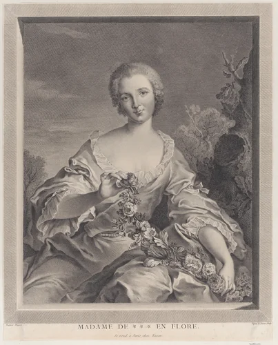 Portrait of Louise Henriette de Bourbon Conti as Flora by Francois Voyez, print, 1766-1805