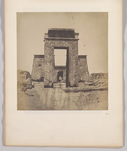 Karnak. Propylone du Temple de Khons. Hauteur 21 mèt.; largeur, 12 mèt. 50 c.; hauteur de la baie, 15 mèt. by Maxime Du Camp, photograph, 1849-1851