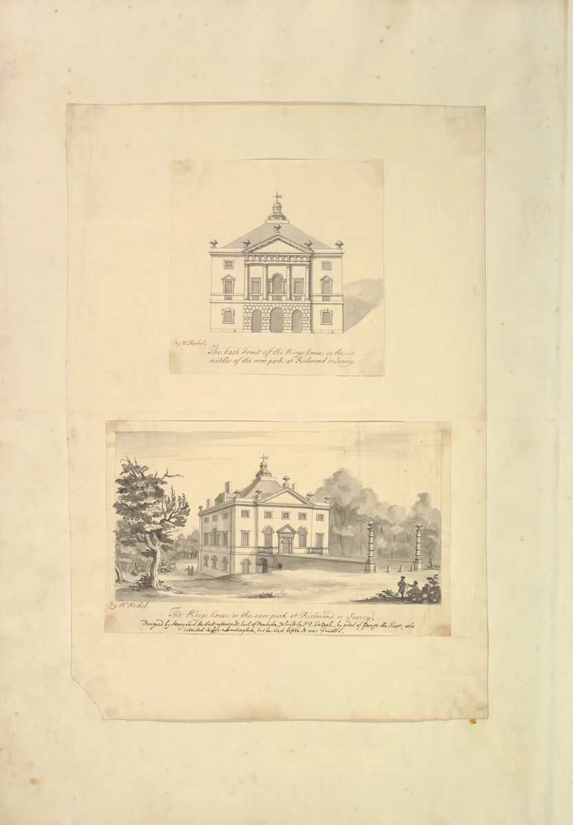 Leaf from Aedes Walpolinae mounted with (a): Elevation of Back Façade of the Kings House, Richmond, Surrey and (b): Perspective View of the Entrance Front of the Kings House, Richmond, Surrey by Augustus Heckel, drawing, 1727-1740