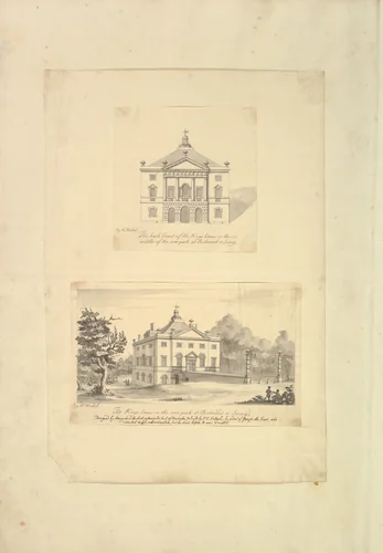 Leaf from Aedes Walpolinae mounted with (a): Elevation of Back Façade of the Kings House, Richmond, Surrey and (b): Perspective View of the Entrance Front of the Kings House, Richmond, Surrey by Augustus Heckel, drawing, 1727-1740