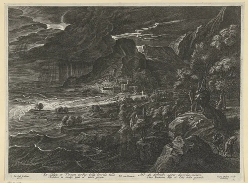 Landschap aan de kust met onweer by anonymous, print, 1596-1709
