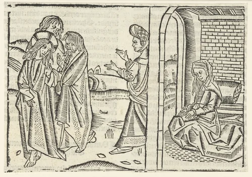 Christus en de Kanaänitische vrouw by Unknown, print, 1480-1500