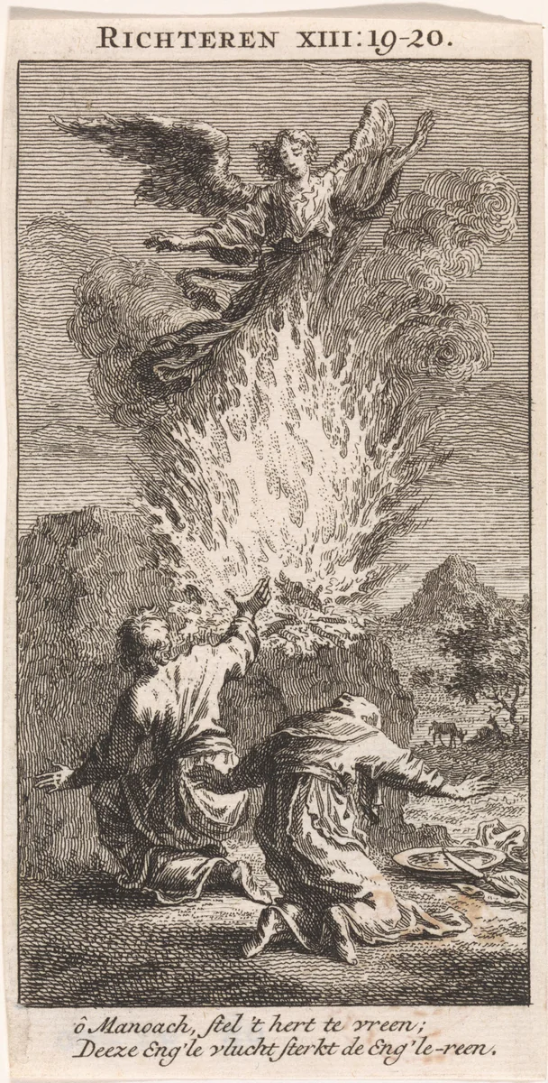 Manoach en zijn vrouw zien de engel in de vlam van hun offer opstijgen by anonymous, print, 1712