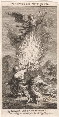 Manoach en zijn vrouw zien de engel in de vlam van hun offer opstijgen by anonymous, print, 1712