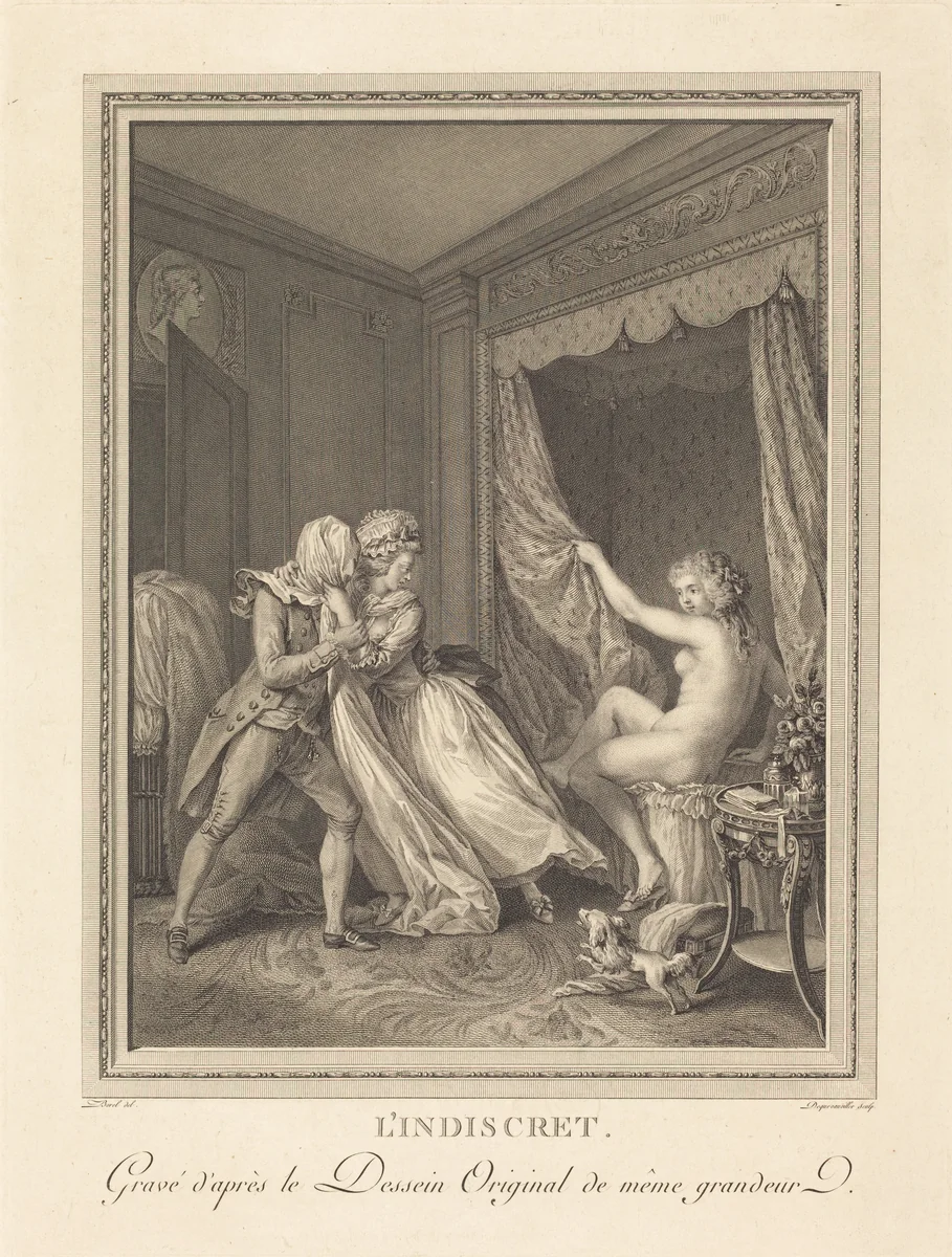 L'Indiscret by Francois-Nicolas-Barthelemy Dequevauviller; Antoine Borel, print, 1786