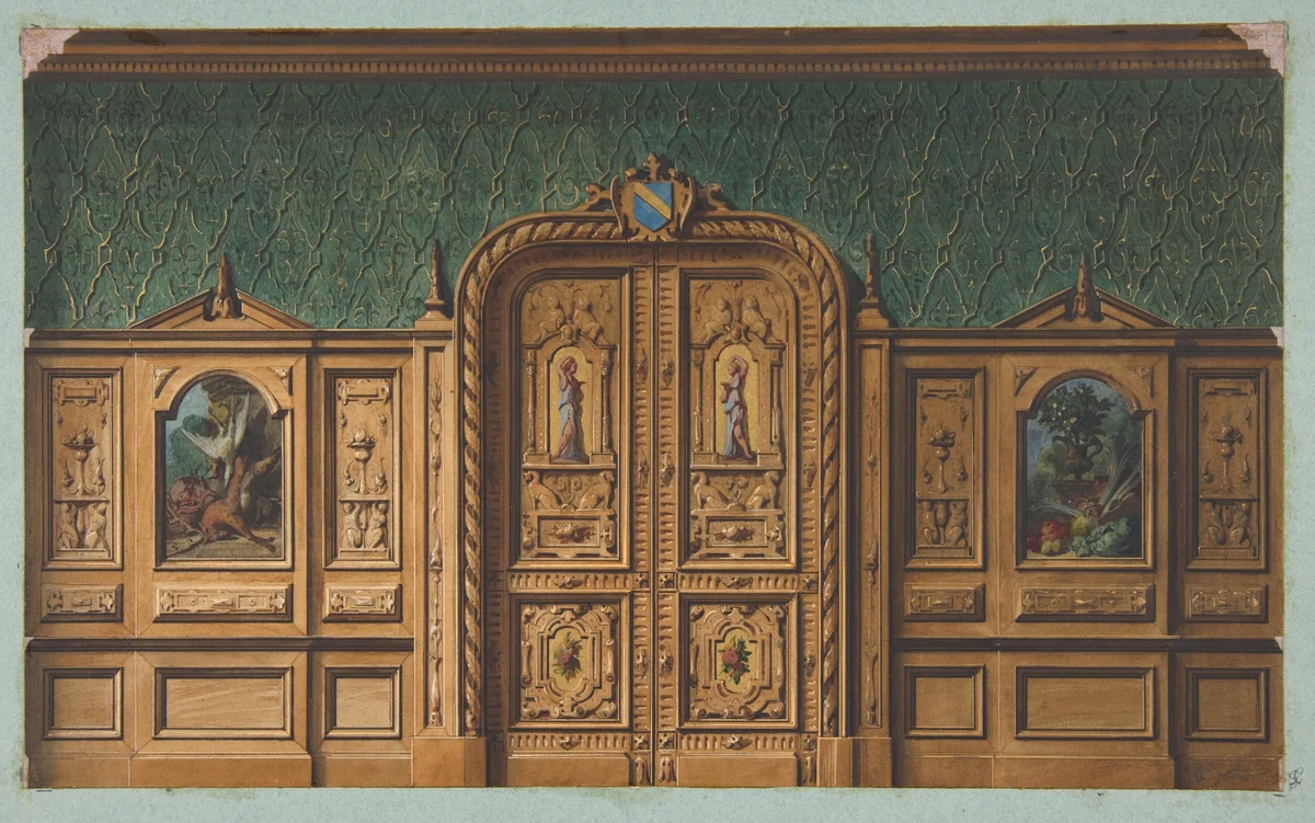 Design for a room with wood panels inset with paintings and a heavily-carved double door by Jules-Edmond-Charles Lachaise, drawing, 1830-1897