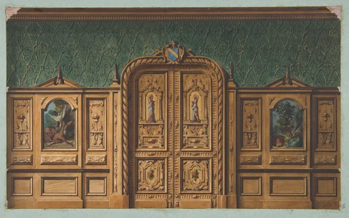 Design for a room with wood panels inset with paintings and a heavily-carved double door by Jules-Edmond-Charles Lachaise, drawing, 1830-1897