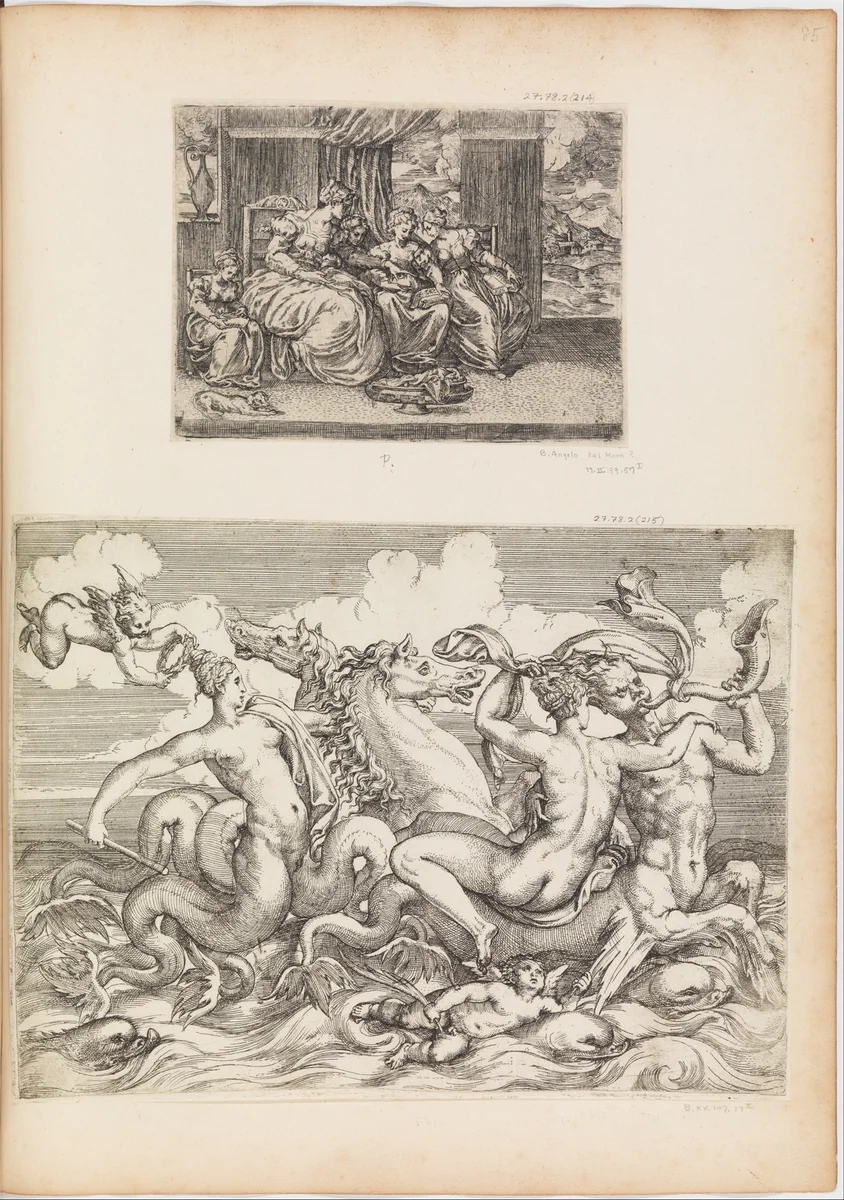 The School of Needlework. A Woman Teaches Young Women by Battista Angolo del Moro, print, 1550-1600