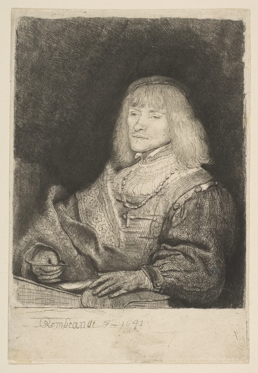 Man at Desk, Wearing Cross and Chain by Rembrandt van Rijn, print, 1641